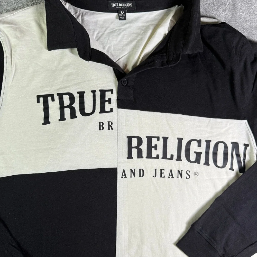 True Religion Spliced Rugby Polo Shirt Long Sleeve Black White/Cream XXL